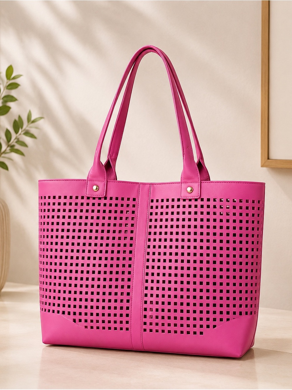 Perforated Hot Pink Tote Bag with Double Shoulder Straps